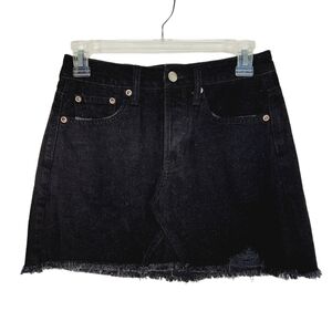 American Eagle Black Denim Mini Skirt Button Fly Fringe Distressed Size 0 NWOT